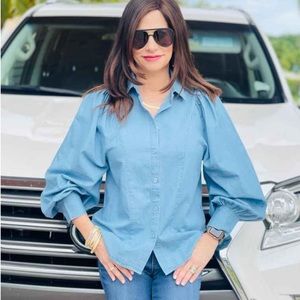 NWT Who What Wear Women’s Ruffle Long Balloon Sleeve Button Down Shirt Blue
